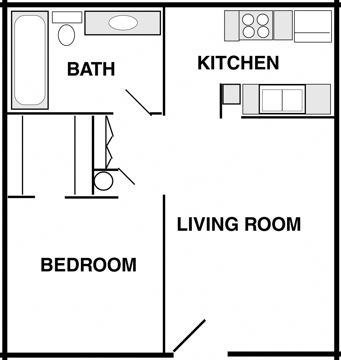 Floor plan for 1 bed, 1 bath, 650 sqft